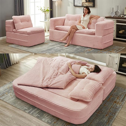 80" Convertible Sectional Sofa Bed, 3-in-1 Folding Floor Couch with Convertible Chaise Lounge, Plush Corduroy Sleeper Sofa for Living Room and Bedroom, No Assembly Required (Pink)