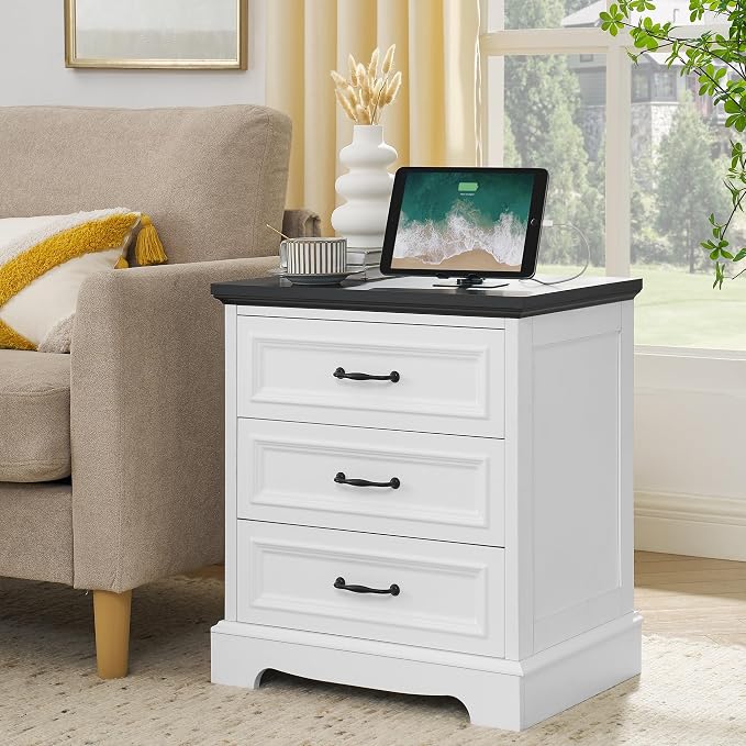 Farmhouse Nightstand Set of 2, Wood Night Stand with 3 Drawers and Charging Station Modern Bedside Table for Bedroom End Side Table Storage Cabinet Small 6 Drawers Dresser (2) - Image 7