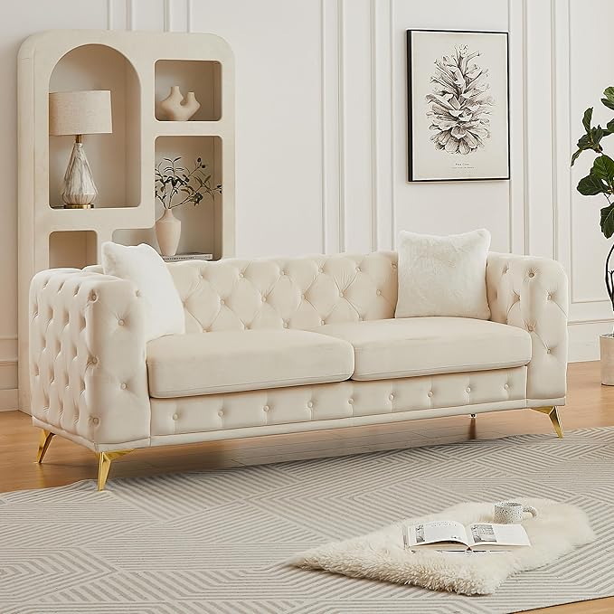 KEIKI 83" Luxury Oversized Velvet Chesterfield Sofa with 2 Pillows, Mid-Century Style 3-Seater Tufted Buttons Couch with High-Density Foam Cushions, Easy Assembly, for Apartment, Living Room, Beige