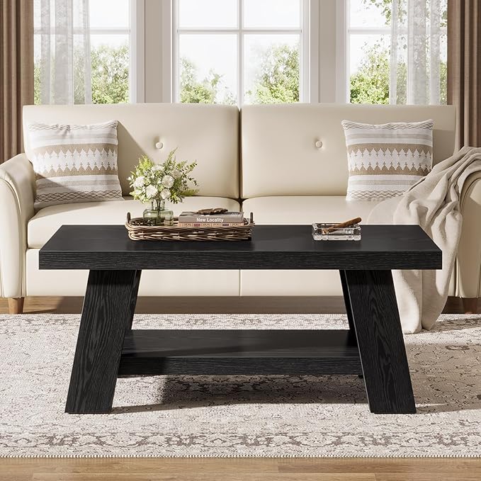 Tribesigns Rectangle Coffee Table, 47-Inch Wood Coffee Tables for Living Room, Farmhouse Long Center Tables with 2-Tier Storage Shelves for Living Room, Apartment, Home Office (Black)