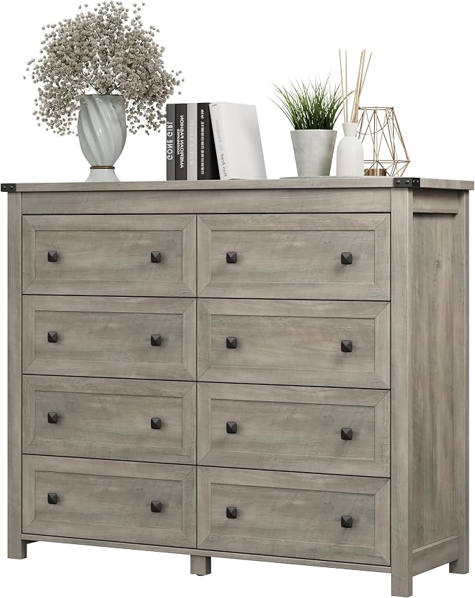 Dresser for Bedroom with 8 Drawers, Farmhouse Wood Chest of Drawers, Wide TV Stand Closet Storage Furniture with Metal Handle, Modern Clothes Organizer for Hallway, Living Room, Entryway, Light Grey by Xixini
