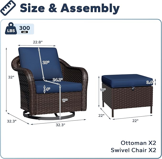 Outdoor Swivel Chairs Set with Ottomans, 4 PCS Patio Conversation Furniture Set with Removable Cushions, All-Weather Wicker Furniture for Porch, Backyard, Deck, Sunroom (Navy Blue)