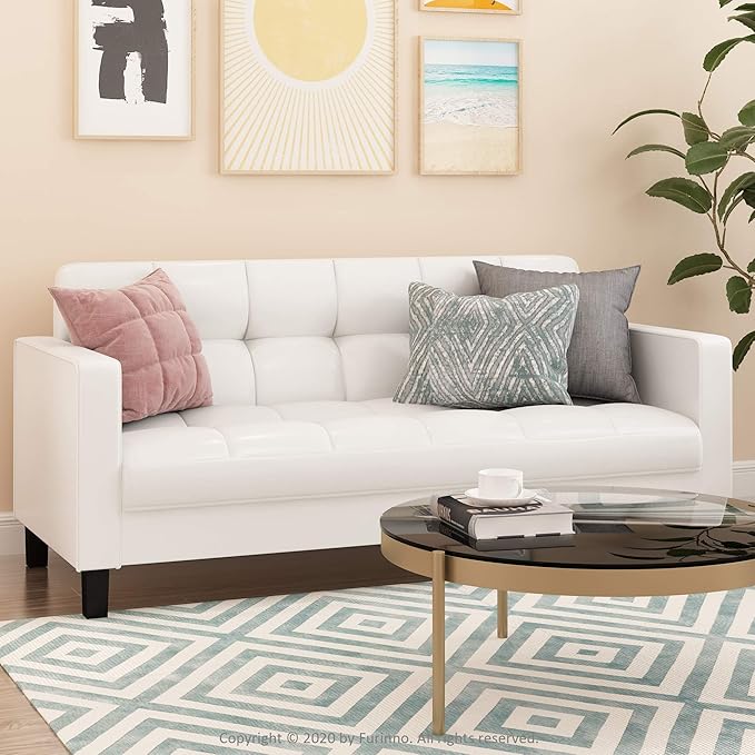 Furinno Brive Contemporary Tufted Faux Leather 3-Seater Sofa Couch for Living Room, White Faux Leather