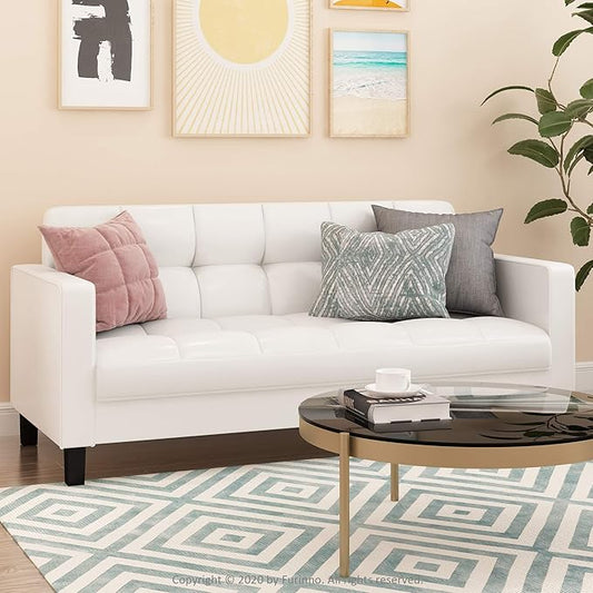 Furinno Brive Contemporary Tufted Faux Leather 3-Seater Sofa Couch for Living Room, White Faux Leather
