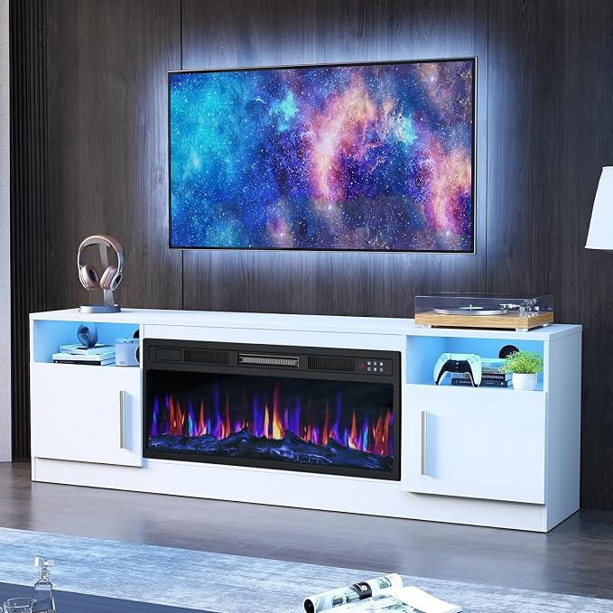 PRETZI Fireplace TV Stand with 36" Fireplace Up to 80" TVs, 70" Entertainment Center with LED Lights, Remote Control, TV Media Console with Storage Cabinets for Living Room, White by PRETZI