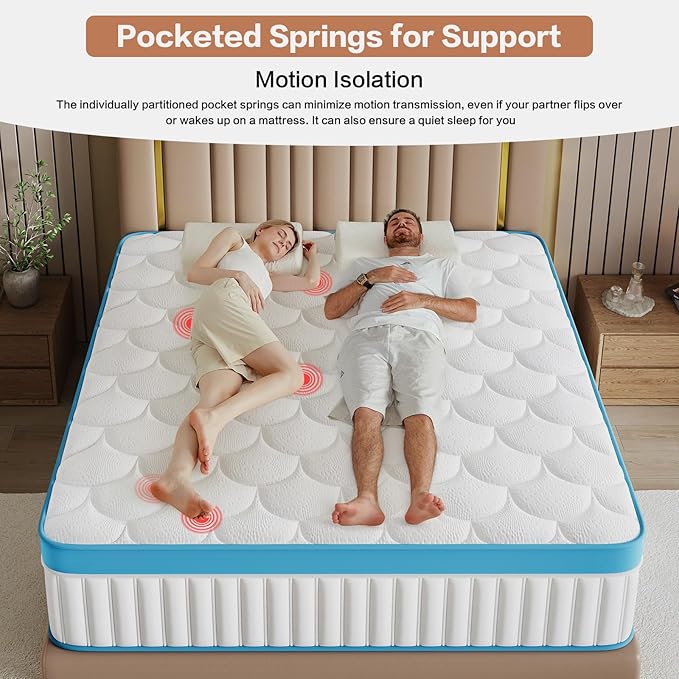12 Inch Queen Mattress, Medium Firm Memory Foam Mattress, Individual Pocket Springs, Motion Isolation, Fiberglass Free Bed Matress, CertiPUR-US Certified Queen Size Mattresses in a Box