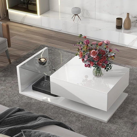 Modern Coffee Table with Tempered Glass, Wooden Cocktail Table with High-Gloss UV Surface, Modernist 2-Tier Rectangle Center Table for Living Room, White