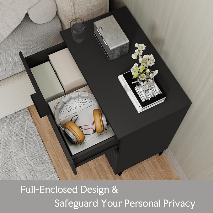 Wood Night Stand Fluted for Bedroom 3 Drawers End Tables Nightstand, Storage Modern Side Table Natural Black Bedside Table - Image 3