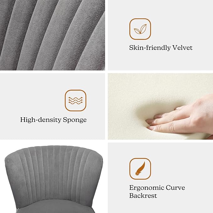 HULALA HOME Velvet Accent Chair, Modern Upholstered Cute Side Chair with Gold Metal Legs, Armless Wingback Slipper Chair Comfy Living Room Chair for Bedroom Guest Room Vanity, Grey