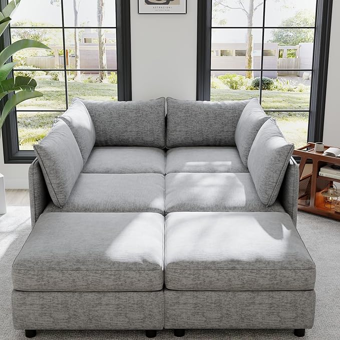 Oversized Modular Storage Sectional Sofa Customizable Seating Group Sofa&Couch Convertible Sleeper Sofabed with Movable Ottomans and Seat, U-Shaped Chenille Upholstered Sofa Couch for Living Room