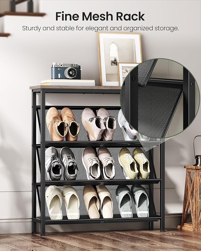 CHOEZON Shoe Rack, 4-Tier Slanted Shoe Storage Shelf, Narrow Shoe Rack for Entryway, Shoe Organizer with Adjustable Feet, Slim Shoe Shelf with Wooden Top and Metal Frame, Greige and Black TXJ75BG - Image 6
