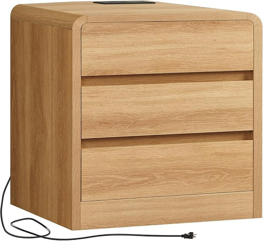 TEENFON Night Stand, NightStand with 3 Storage Drawer and Charging Station, Bedside Table, Modern End Tables Wide Night Stands for Bedroom Sofa Couch Home Office, Natural by TEENFON