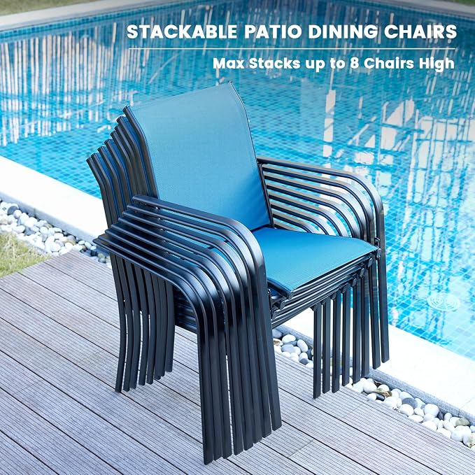 VICLLAX 11 Pieces Round Patio Dining Set, Patio Furniture Set of 10 Patio Stackable Dining Chairs and 63" Outdoor Spliced Tabletop with Umbrella Hole, Blue Chairs and Black Table - Image 2