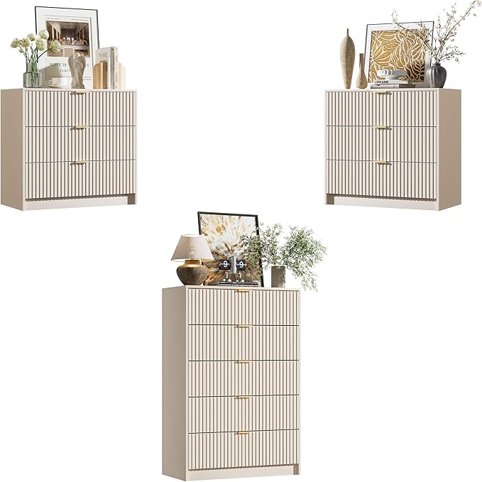 Furniway Beige Dresser Bedroom Set 3 Pieces, Nightstands Sets of 2, 5 Drawer Dresser with Gold Handles for Bedroom