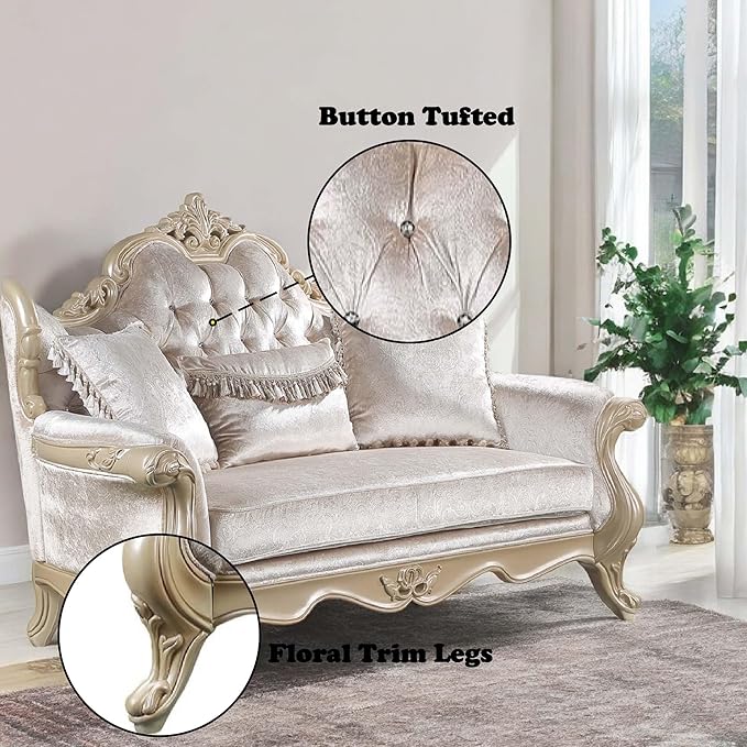 Acme Libertee Fabric Upholstered Loveseat with 3 Pillows in Beige/Champagne