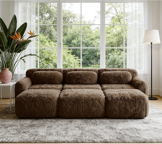 114.7" Sectional Sofa Bed, 6-Seater Modular Sleeper Boneless Couch with Movable Ottoman, Plush Convertible Sofa Set Deep Seat Couches for Living Room, Bedroom and Apartment, Chocolate