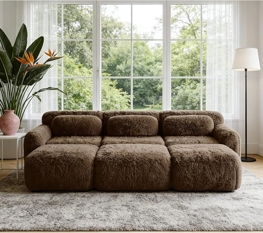 114.7" Sectional Sofa Bed, 6-Seater Modular Sleeper Boneless Couch with Movable Ottoman, Plush Convertible Sofa Set Deep Seat Couches for Living Room, Bedroom and Apartment, Chocolate