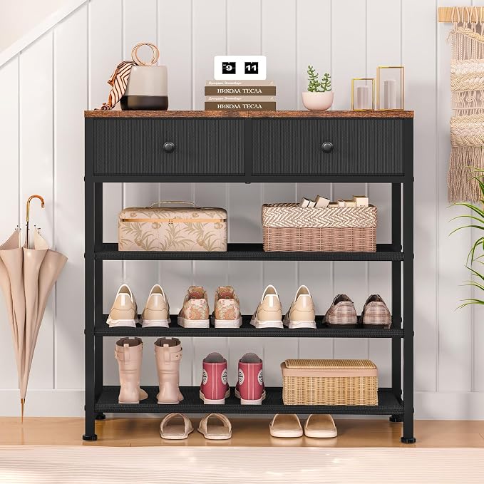 usikey Shoe Rack, 4 Tier Shoe Storage Organizer with 2 Drawers, Metal Shoe Shelf for 9-12 Pairs of Shoes, with 3 Oxford Fabric Shelves and Wooden Top, Shoe Stand for Closet Entryway, Black UNYXJX012H - Image 2