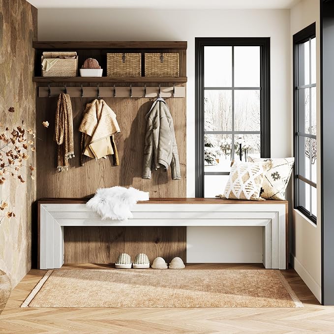 Tribesigns 71" Extra Long Entryway Bench, Modern Farmhouse Shoe Bench Wooden Indoor Seating with Layered Design for Hallway, End of Bed, Living Room, Sofa Back, Dining Room, Rustic Brown & White - Image 4