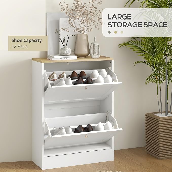 HOMCOM Slim Shoe Cabinet for Entryway, Modern Hidden Shoe Storage Cabinet with 2 Flip Drawers and Adjustable Shelves for 8-12 Pairs of Shoes, White - Image 4