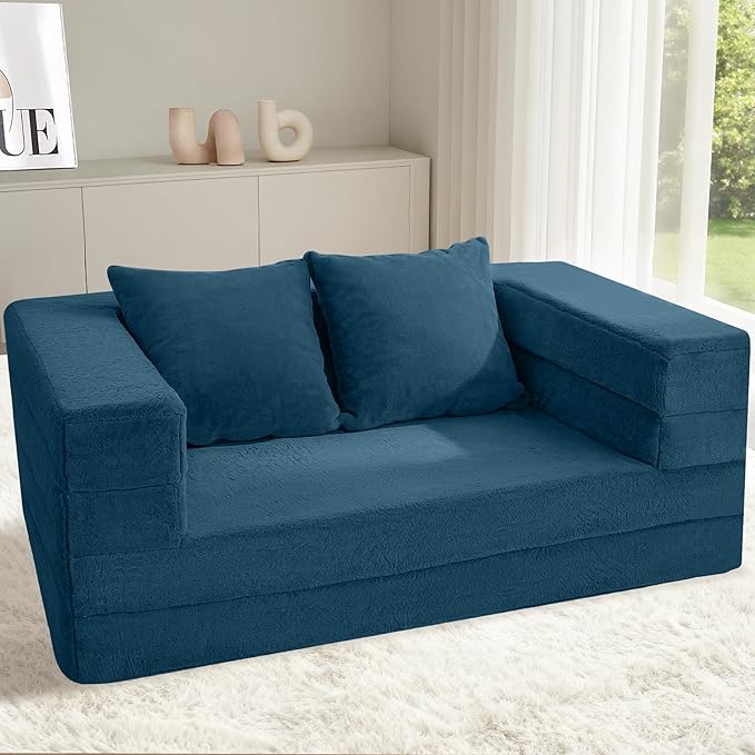 Futon Sofa Bed with Pillow, 3-in-1 Sleeper Sofa Bed with Removable Cover, Convertible Floor Sofa Bed, No Assembly Boneless Couch for Living Room, Bedroom