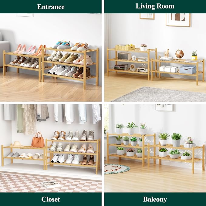 Smiry Bamboo Shoe Rack for Closet, 2 Tier Wooden Stackable Shoe Organizer, Free Standing Shoes Storage Shelf for Entryway, Front Door Entrance, Natural - Image 7