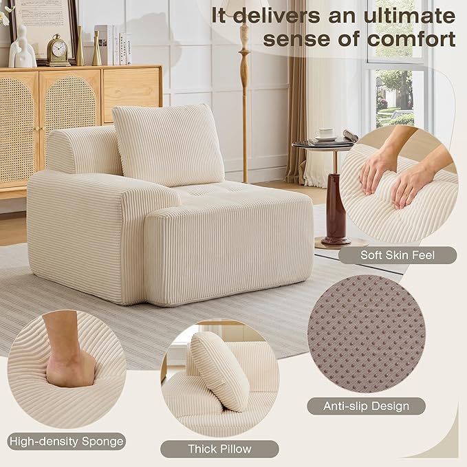 Modular Sectional Sofa, Boneless Couches for Living Room, Corduroy Couch, Big Comfy Couch, Modular Cloud Sofa with Deep Seat (White, 1 Piece-Left Armchair)