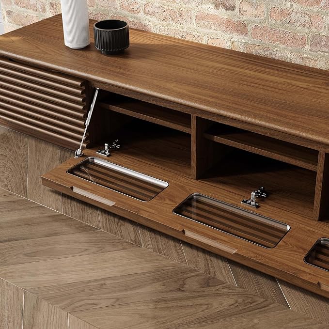 POVISON Wood Media Console, 94.48" Mid-Century Modern TV Stand with Storage, Assembly-Free Slatted TV Cabinet with Customized Compartments & Solid Pinewood Drawer - Image 5
