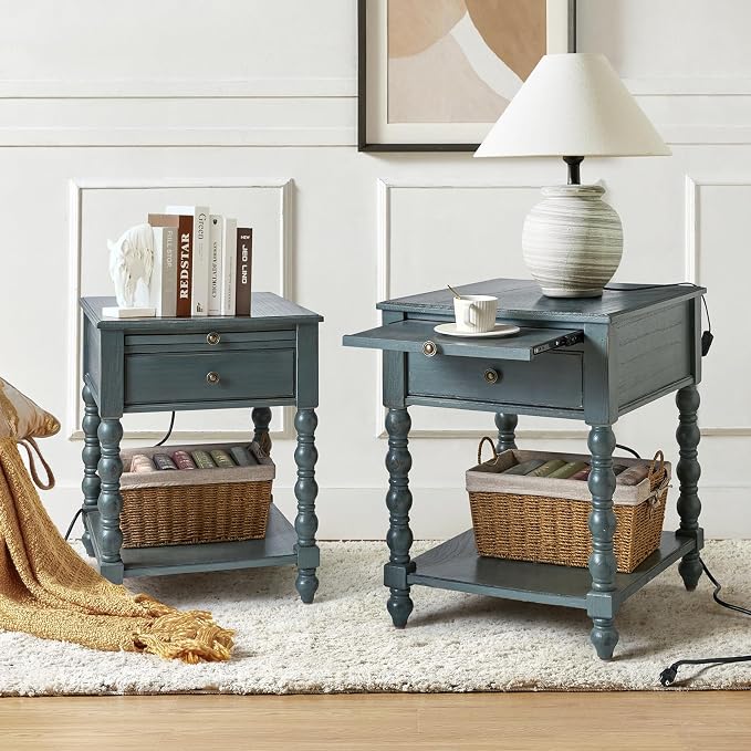 HULALA HOME Spindle Nightstands with Charging Station, Solid Wood Nightstand with Drawer Shelf, Side Table with Pull-Out Shelf (2, Blue) by HULALAHOME