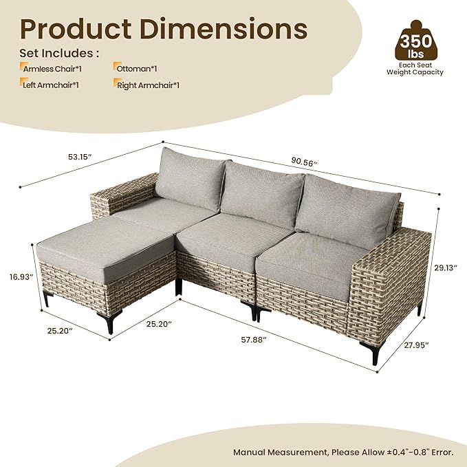 Patio Furniture Set, 4 Pieces Outdoor Wicker Conversation Sets with Coffee Table Outdoor Sectional Sofa for Balcony Backyard Poolside Garden Lawn (Gray)