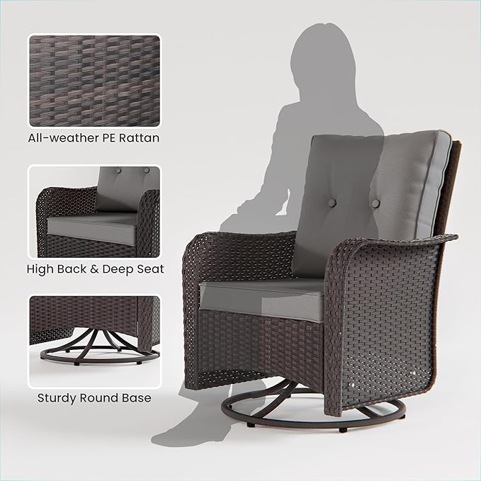 16 PCS Outdoor Patio Furniture Set,Outdoor Sectional Furniture with 45" 55000 BTU Gas Propane Fire Pit Table,All Weather PE Rattan Wicker Patio Conversation Set,Swivel Rocking Chairs Set,Grey
