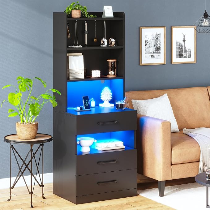 AOGLLATI Tall Night Stand Set of 2 with Charging Station and LED Lights, Black Nightstand with 3 Drawers and Adjustable Shelves, Modern Bedside Table with Bookshelf for Bedroom - Image 2