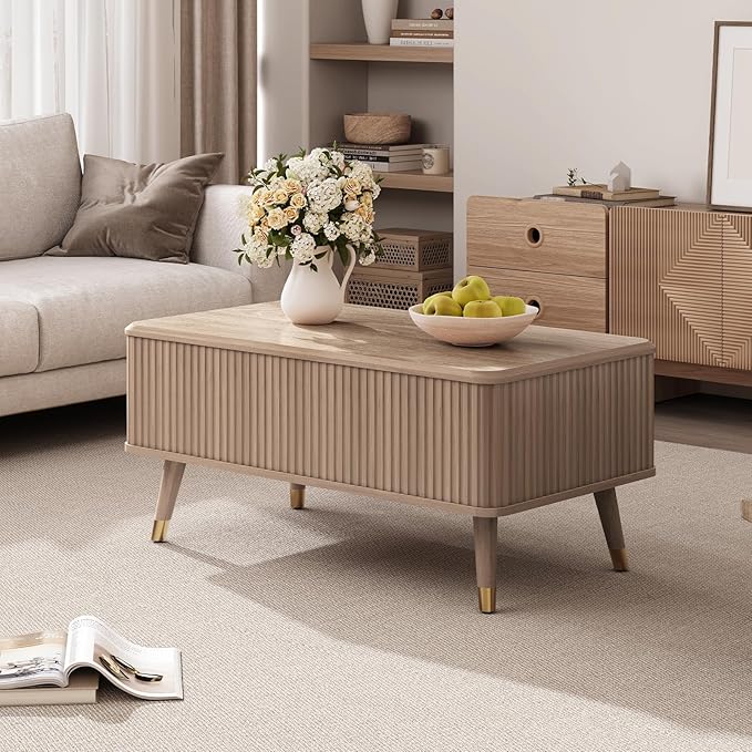 SULIVES Lift Top Coffee Table with Storage,Fluted Coffee Table with Lifting Top,Mid Century Modern Center Table with Solid Wood Legs,Small Coffee Tables for Living Room,Oak