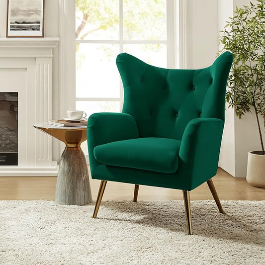 HULALA HOME Velvet Accent Chair, Modern Wingback Armchair with Metal Gold Legs, Velvet Tufted Upholstered Single Sofa Chair for Living Room Bedroom, Dining Room Accent Club Guest Chair (Green)