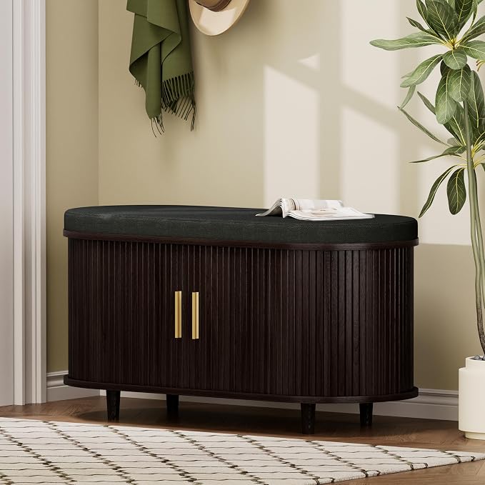 DHH 2-Tier Storage Bench,Wide Shoe Bench with Thickened Padded Seat Cushion, Mid Century Modern Fluted Sliding Door and Adjustable Shelf, for Entryway, Living Room, Bedroom (Dark Walnut, 35.4“) - Image 3