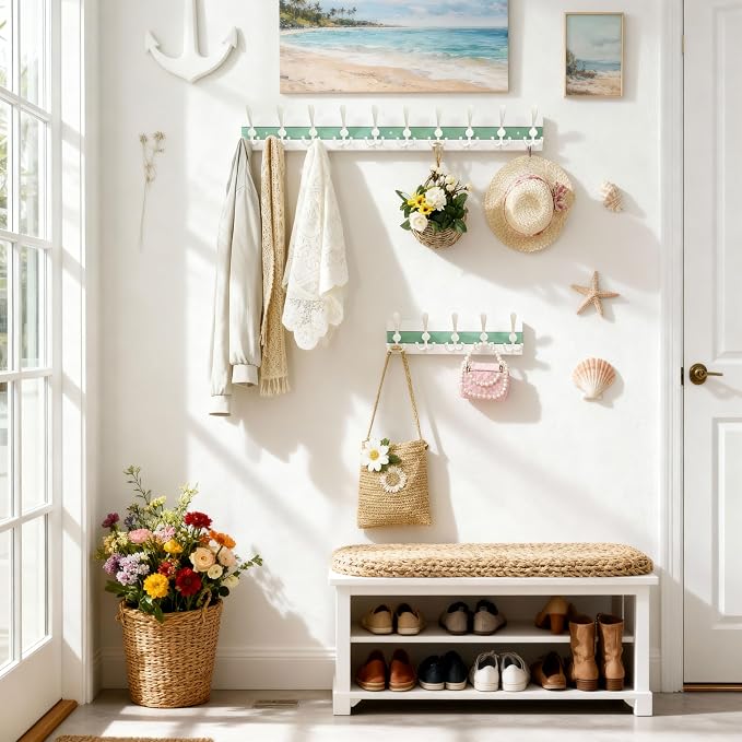 SKOLOO Coastal Wall Mounted Coat Rack - 38-1/8" Beach House Entryway Wooden Coat Hook with 10 Hooks for Hanging Coats, Hats or Towels, Oceanfront Cottage Core Collection, White & Green - Image 2