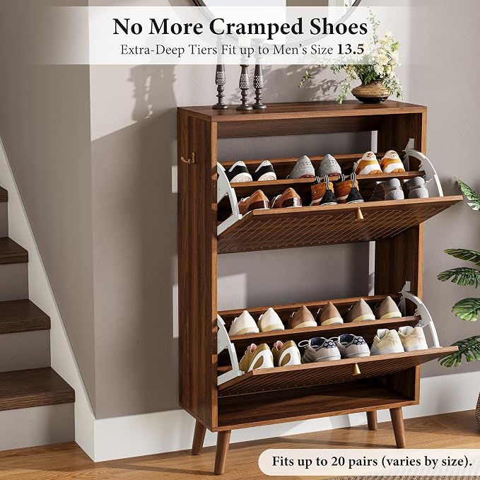 Nicetree Shoe Cabinet Storage for Entryway, 9.5" Narrow Shoe Organizer with Architectural Arched Fluted Front, Slim Shoe Rack with Adjustable Shelves,Fits Size 12 Shoes,Timeless Walnut - Image 3