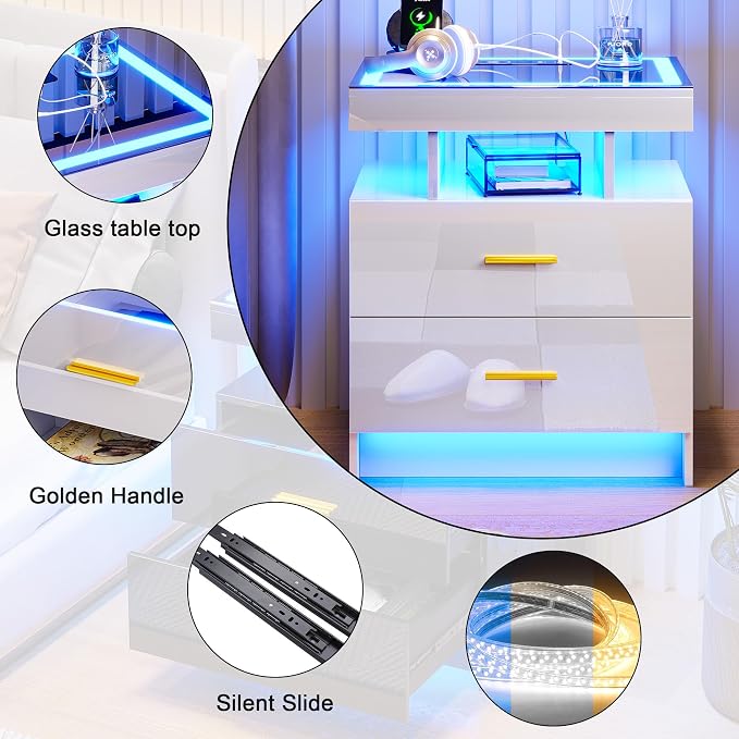 HNEBC LED Nightstand with Charging Station (USB,Type-C Ports) High Gloss Bedside Table with 2 Drawers, Smart Night Stand with Auto Sensor Lights,Modern Bed Side Table for Bedroom (White) - Image 7