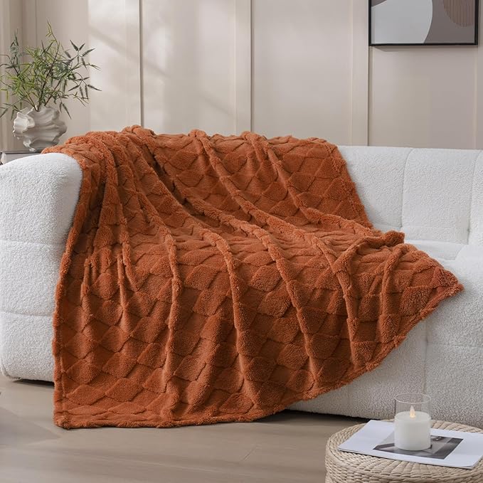 Burnt Orange Throw Blanket for Couch Sofa Bed 60x80 inches,Fleece Blankets Microfiber Flannel with Diamond Checkered Pattern Lightweight Plush Soft Cozy Gifts for Women Mom Girls