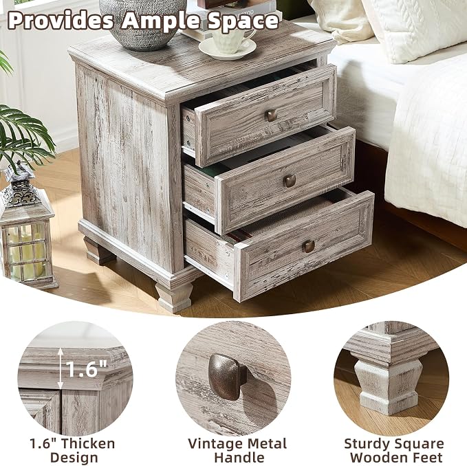 SAVOR LIFE Farmhouse Nightstand Set of 2, Rustic Accent End Table with 3 Drawers & 4 Square Solid Wood Legs, Vintage Bed Side Table with Storage, Small Dresser for Bedroom, Living Room, Grey - Image 6