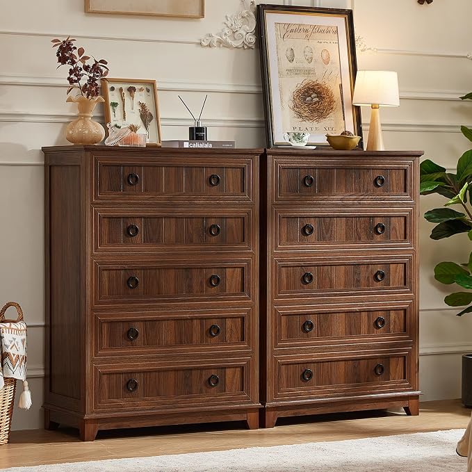 Joaxswe Farmhouse 5 Drawer Dresser for Bedroom Set of 2, 42" Tall Small Dressers & Chest of Drawers, Rustic Wood Dresser with Metal Handle, Storage Organizer Closet for Living Room, Hallway,Entryway by Joaxswe