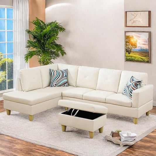 FONTOI L Shaped Sectional Couch Sofa, Modern Couches for Living Room, Comfy 4 Seat Modular Sectional Sofa with Ottoman Storage for Bedroom Apartment, White