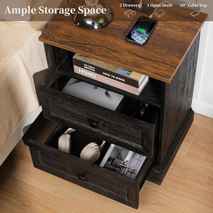 Night Stand with Charging Station, Bedside Table with 2 Drawers Storage and Open Shelf, Nightstand with Outlets, Wood Modern End Table for Bedroom Office (1, Dark Grey) - Image 4