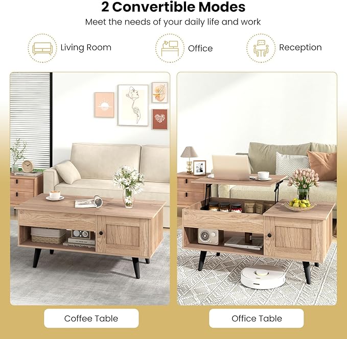 Giantex Lift Top Coffee Table, Modern Cocktail Table with Hidden Compartment, Open Shelf & Cabinet, Wooden Flip Top Center Table, Pull up Coffee Table for Home Office, Living Room (Natural)