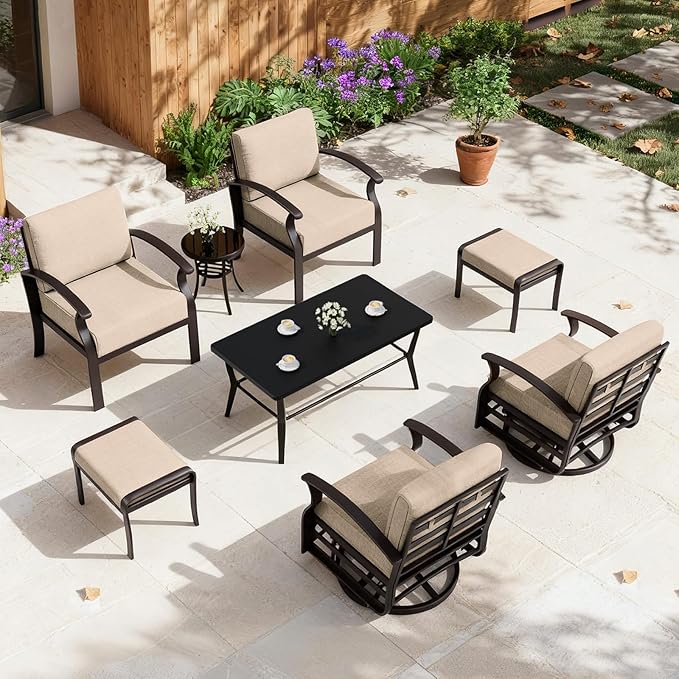 ALAULM Aluminum Patio Furniture Set with Coffee Table Rectangular, 6-seat Outdoor Sectional Furniture w/Swivel Chairs and 2 Ottomans, Patio Conversation Set for Porch, Backyard, Poolside-Sand