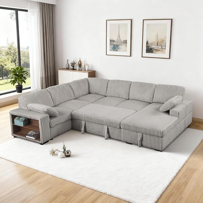 ERYE Oversized U-Shaped Pull Out Sleeper Couch Bed, Modern U Shaped Sleeper Sectional Sofa Corduroy Corner Convertible Sofa Bed with Storage Chaise Lounge and Cabinet
