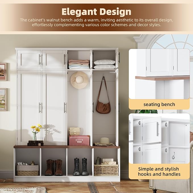 Hall Tree with Entryway Bench and Shoe Storage Compartments, Particle Board Multi-Functional Cabinet with 4 Hanging Hooks, White - Image 6