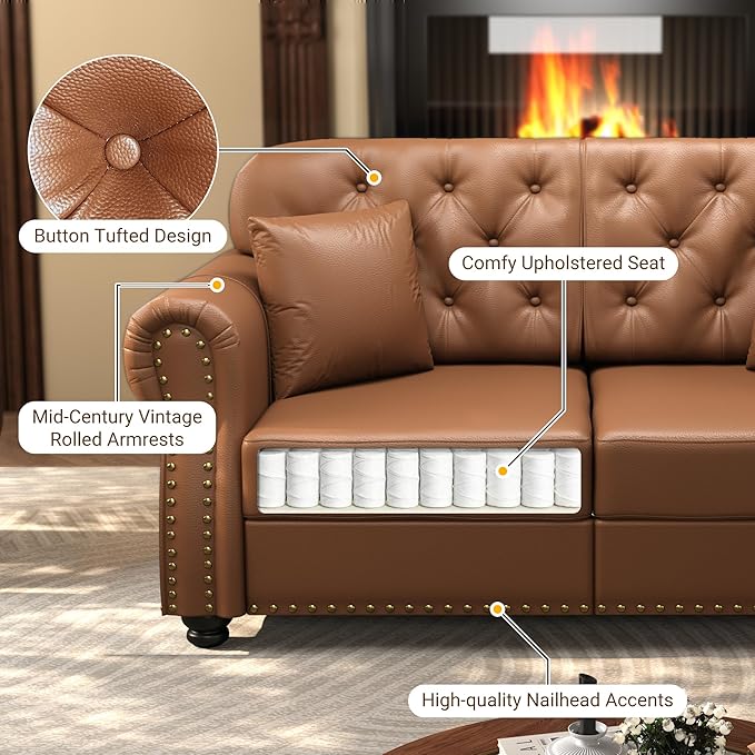 KEIKI 3-Piece Chesterfield Sofa Set with 1 Faux Leather 3-Seater Sofa & 1 Loveseat & 1 Single Sofa, 6-Seater Couch Set with Nailhead Trim & Rolled Arms & 1 Ottoman & 6 Pillow, for Living Room, Brown