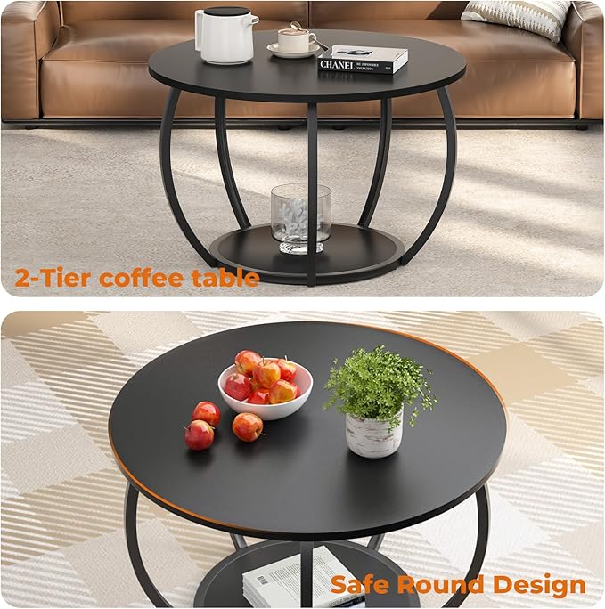 GreenForest Round Coffee Table with 2-Tier Open Storage, 27.6 inch Small Circle Coffee Tables with Adjustable Feet, Modern Mini Center Table for Small Living Room, Black