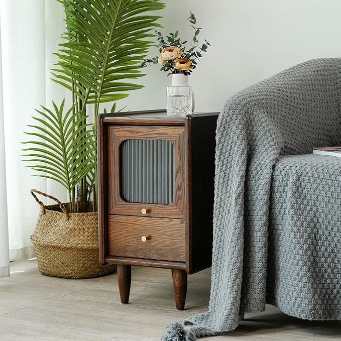 Mid Century Modern Narrow Nightstand with Drawers, Solid Wood Oak Bedside Table, Side Table, 11.81 W x 15.75 D x 21.26 H Inches, Walnut - Image 3